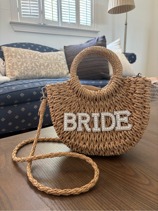 Handbags - Bride Embellished Straw Crossbody Bag - Natural